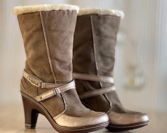Vintage Y2K Jambu Heeled Boots Faux Fur Trim Brown Suede Leather Shoes Size 6.5