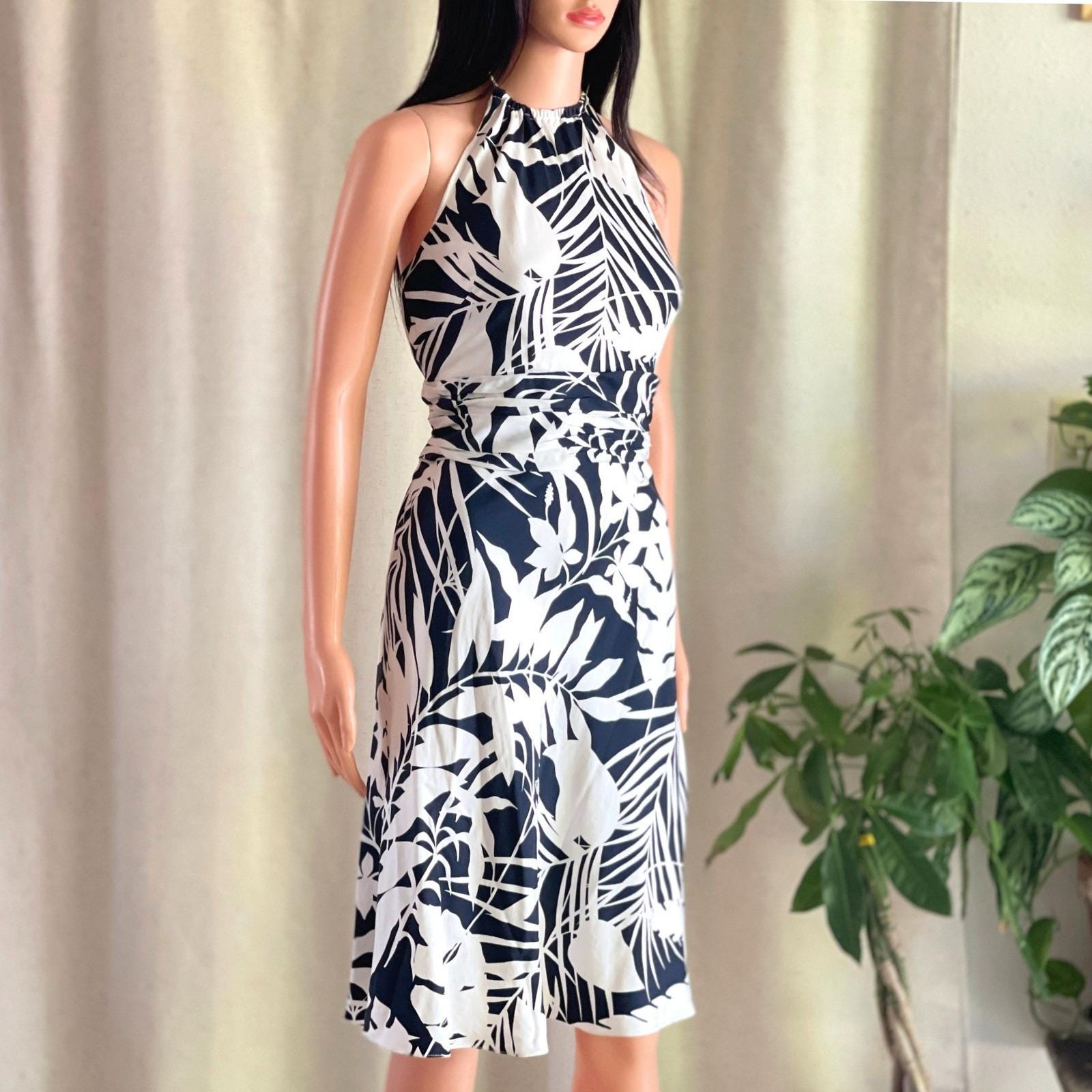 ann taylor halter dress Vtg Y2K Silk Navy Blue White Tropical Palm Leaf Print 2 346