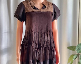 NWT Vintage Y2K ANAMIKA Sheer Brown Fringe Tunic Top Short Sleeve Boho US Size 6