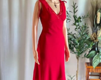 Vintage Y2K Breakin' Loose Red Midi Dress Beaded Trim Made in USA Size 5/6