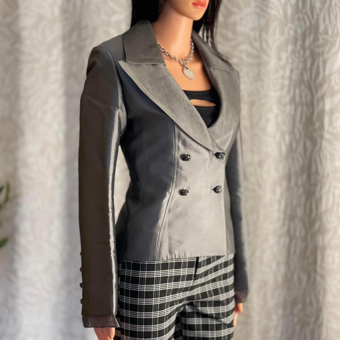 Vtg 90s André Raphael Alta Moda 100% Silk Metallic Gray Fitted Blazer ...