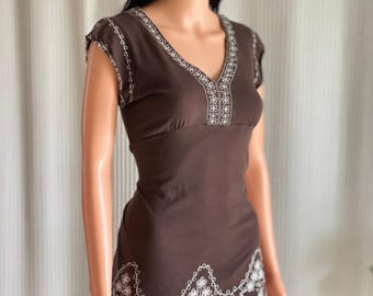Vintage Y2K BCBGMAXAZRIA Brown Embroidered Cap Sleeve Tunic Babydoll Top Size S