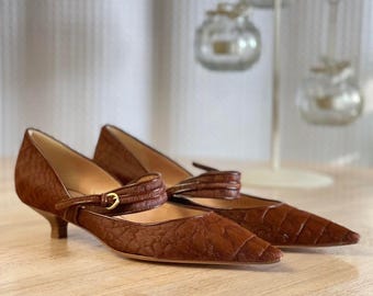 新品未使用 ヴィンテージ Y2K カサデイ ブラウン ワニ柄 ポニーヘア ポインテッドトゥ キトゥンヒール サイズ8.5