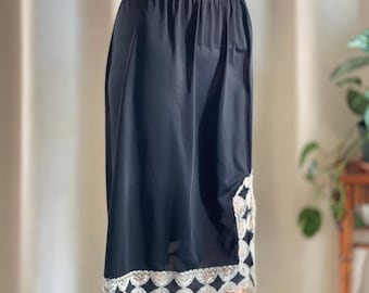Vintage Black Nylon Half Slip Midi Skirt White Lace Trim Side Slit Elastic Waist
