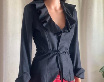 Vintage 90er Jahre Mikai by Jerry Shabo Schwarze Rüschen Kragen Blazer Jacke Gr. 2 USA