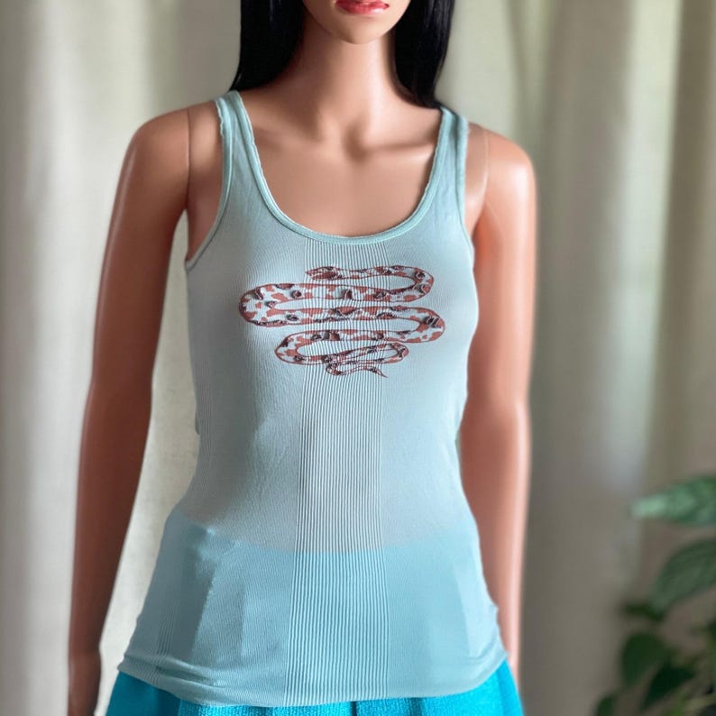 Vintage 90s Y2K Free People Blue Ribbed Tank Top Beaded Snake Rare Label Size S image 2