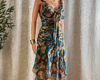 Vintage Y2K Georgiou Studio Silk Floral Dress Ruched Handkerchief Hem Size 10