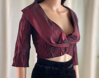 Vintage 90er Jahre Bordeaux Crinkle Portrait Kragen Abend Top Vampir Dark Romance S