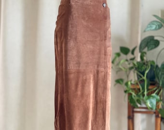 Vintage 90s Casual Corner Vintage Brown Suede Leather Midi Skirt High Waist Sz 6