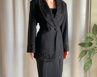 Traje de falda de lana negra Demetrios vintage de los años 90 con adornos de cuentas, formal, talla 10