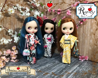 Doll Kimono Yukata: 1/6 Scale Blythe, Licca Chan, Azone body, Obitsu body. With accessories sandals, socks, bag.