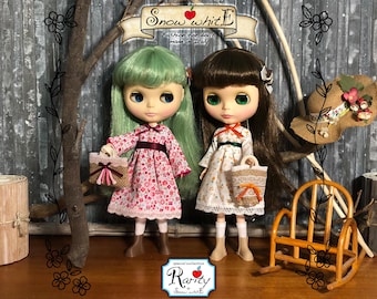 Handmade Country Dress with 3D Booties & Bag for Blythe, Licca-Chan Dolls