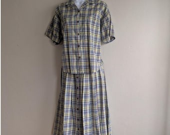 Vintage Plaid 2 Piece Set Cotton Shirt Skirt Yellow Blue M