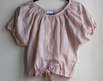 Blusa vintage a rayas con lazo frontal, rosa y azul, talla 10