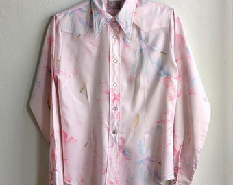 H Bar C Ranchwear Vintage Pink Floral Western Snap Shirt Long Tail Size 36
