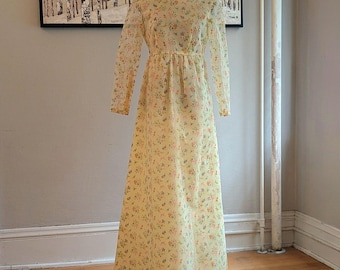 Vintage 70s Yellow Floral Maxi Dress Long Sheer Sleeve Empire Waist Pastel Gown