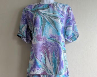 Vintage jaren 80 abstracte pastelkleurige bloemen 2-delige culotteset paars Pierre Lamonte 8