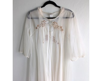 Vintage Cremefärgad Broderad Peignoir Set Maxi Nattlinne Negligé Morgonrock Med 14-16