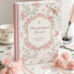May include: A hardcover journal titled "Neurodivergent Journal" with a floral design of pink roses and green leaves. The journal has a pink spine with white lace trim and a pink ribbon bow. The journal is decorated with a crescent moon charm.