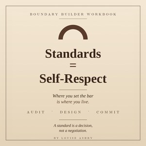 May include: A workbook cover with the title "Boundary Builder Workbook". The text "Standards = Self-Respect" is displayed prominently. Additional text includes "Where you set the bar is where you live" and "A standard is a decision, not a negotiation."