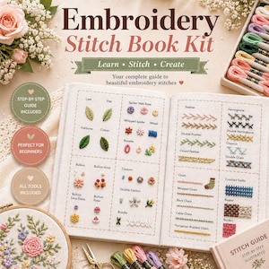 May include: An open embroidery stitch book kit with the title "Embroidery Stitch Book Kit". The book displays various stitch examples, including leaf, feather, and chain stitches. The kit includes a step-by-step guide and all tools.