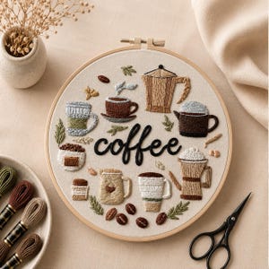 Könnte beinhalten: Ein Stickrahmen mit einem cremefarbenen Stoffhintergrund, auf dem das Wort coffee mit schwarzem Garn gestickt ist. Das Design zeigt verschiedene gestickte Kaffee-Utensilien wie Tassen, eine Mokkakanne, eine French Press und Kaffeebohnen in Braun-, Weiß- und Grüntönen.