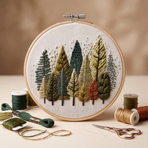 May include: A circular wooden embroidery hoop containing white fabric with a hand-stitched forest scene featuring various evergreen and deciduous trees in shades of green, yellow, and orange, surrounded by embroidery floss spools and scissors.
