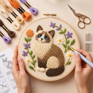 Nålkit för nybörjare, katt, gör-det-själv-kit för söt katt, fiberkonst för mattor, blommig ringkonst, allt material ingår, present till kattälskare