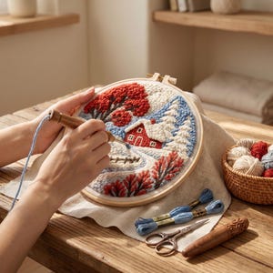 Punch Needle Kit for Beginners, Winter Landscape DIY Embroidery Kit, Snow House Fiber Art, Christmas Craft Gift, Home Décor