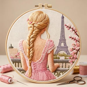 Può includere: Un telaio da ricamo circolare contenente un pannello in tessuto con una scena ricamata di una persona con una lunga treccia bionda che indossa un vestito rosa, di fronte a una Torre Eiffel viola. Sono ricamati anche fiori di ciliegio e un balcone.