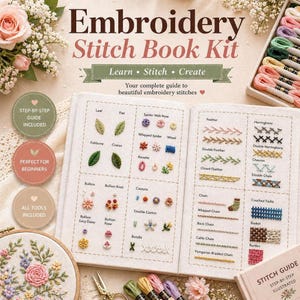 Embroidery Stitch Book Kit for Beginners, Hand Embroidery Sampler Practice Kit with Threads and Tools, Learn to Embroider Gift