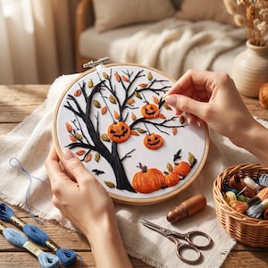 Puede incluir: Un bastidor de bordado redondo de madera con tela blanca que presenta un diseño cosido a mano de un árbol negro con calabazas de Halloween naranjas y hojas de otoño. La escena incluye pequeños pájaros negros y calabazas hechas con hilo.