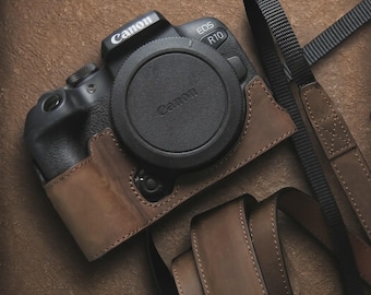 Canon EOS R10 leren cameratas: cadeau voor fotografen, hoogwaardige vintage tas, ideaal voor natuurliefhebbers.