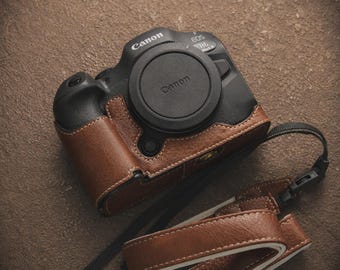 Skórzany futerał na aparat Canon EOS R5/R6/R6 Mark II/R6 Mark III: prezent dla fotografa, wysokiej jakości futerał vintage, chwile miłości i przyjaźni