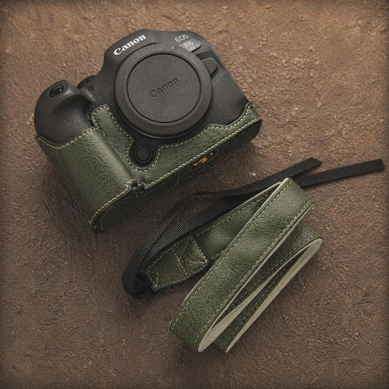 Canon EOS R5/ R6/R6 Mark II/R6 Mark III Leder-Kameratasche: Geschenk für Fotografen, hochwertige Vintage-Tasche, Erinnerungsstücke für Liebe und Freundschaft Graygreen+Should.Str