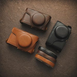 以下が含まれることがあります： 茶色と黒の色合いの革製カメラケース4つの俯瞰図。各ケースには円形のレンズカバーと長方形の本体があります。3つのマッチした革ストラップのスタックも表示されています。