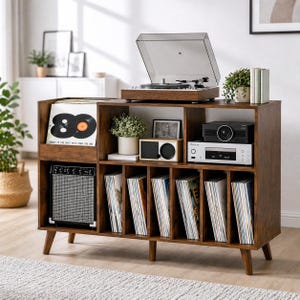 Mid-Century Modern Record Player Stand, Vinyl Storage Cabinet, Turntable Console