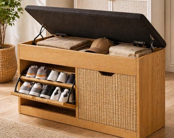 Mid Century Modern Shoe Storage Rack with Cushion, Entryway Organizer Shelf and Cabinet, Shoe Bench