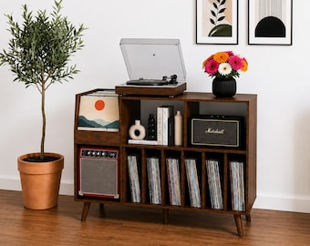 Mid Century Record Player Stand, Vinyl Storage Cabinet, Modern LP Organizer Furniture