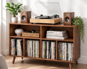 Handmade Record Player Stand and Media Console Table - Mid Century Modern Record Stand with Vinyl Record Storage Cabinet