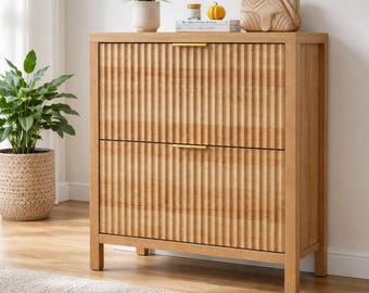 Entryway Shoe Cabinet, Mid Century Modern Shoe Storage, Wooden Shoe Rack Organizer for Hallway, Small Space Narrow Shoe Shelf