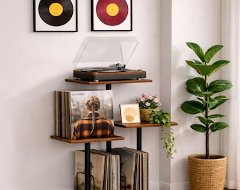 Handmade Record Player Stand,Vinyl Record Storage Holder with Plant Stand - Vintage Turntable Stand Table with Record Album Display Shelf