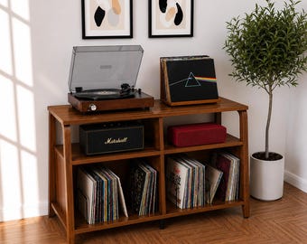 Mid-Century Modern Record Player Stand with Vinyl Storage Cabinet – Modern Media Console Table