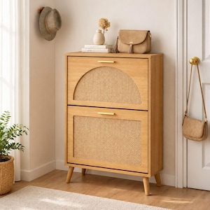May include: A light wood cabinet with two drawers, each featuring a woven rattan panel and gold-toned handles. The cabinet has tapered legs and is topped with a small vase, books, and a tan purse. A hat hangs on the wall above.