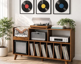 Mid Century Record Player Stand with Vinyl Record Storage, Record Player Cabinet, Media Console and Turntable Stand