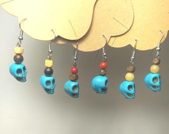 Blue Howlite Skull Earrings with Wood, Tiger's Eye, Red Coral, Yellow Quartz