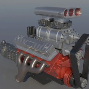 May include: A detailed rendering of a high-performance engine. The engine features a red block, silver components, and a prominent air intake. A black belt and exhaust pipes are also visible, showcasing the intricate design of the powerful machine.