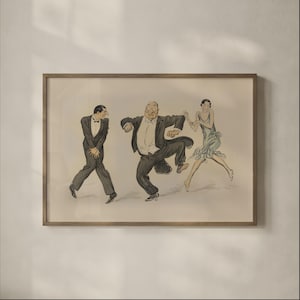 May include: A framed illustration featuring three figures in formal attire dancing. On the left, a person in a dark suit. In the center, a person in a tuxedo with tails. On the right, a person in a light-colored fringed dress. The art is in a wooden frame.