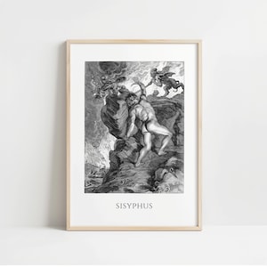 May include: A framed black and white print depicting the mythological figure Sisyphus struggling to push a large rock uphill. The artwork features detailed figures, dramatic lighting, and the text "SISYPHUS" at the bottom.