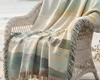 Abstract Sage Green Woven Throw Blanket | Coastal Fine Art Tapestry Wall Hanging | The Shallows Muted Ochre Heirloom Luxury Jacquard Throw
